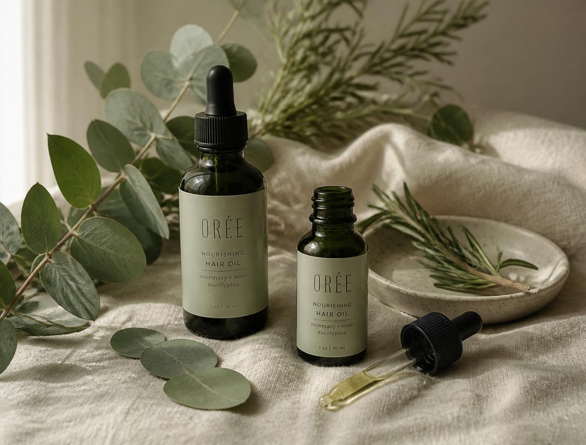 Botanical hair care ingredients — rosemary, amla and bhringraj used in Dermyra Naturals oils