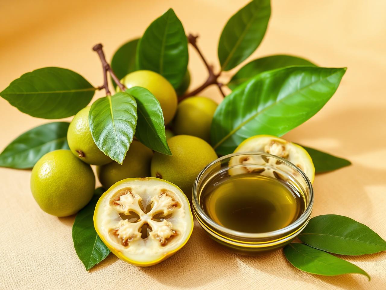 Fresh amla (Indian gooseberry) fruits with green leaves and a bowl of cold-pressed amla oil — buy amla oil in Pakistan