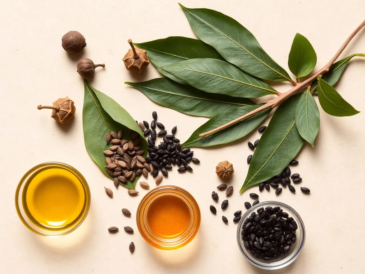 Cold-pressed botanical hair oil ingredients. amla, bhringraj, black seeds, fenugreek and rosemary on a natural surface