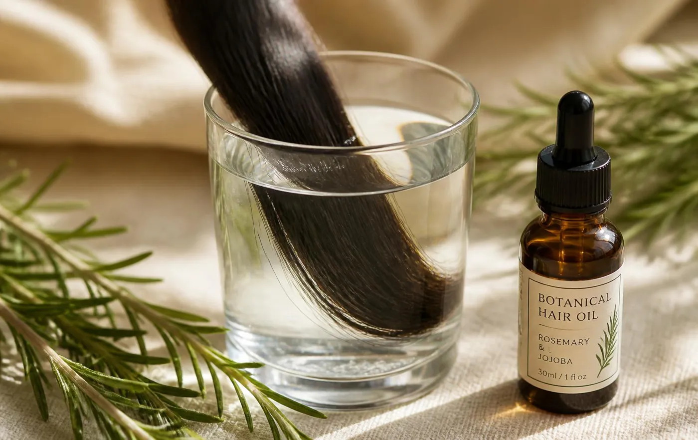 A strand of dark hair in a glass of water beside rosemary sprigs and a botanical hair oil bottle. hair porosity test for Pakistani hair