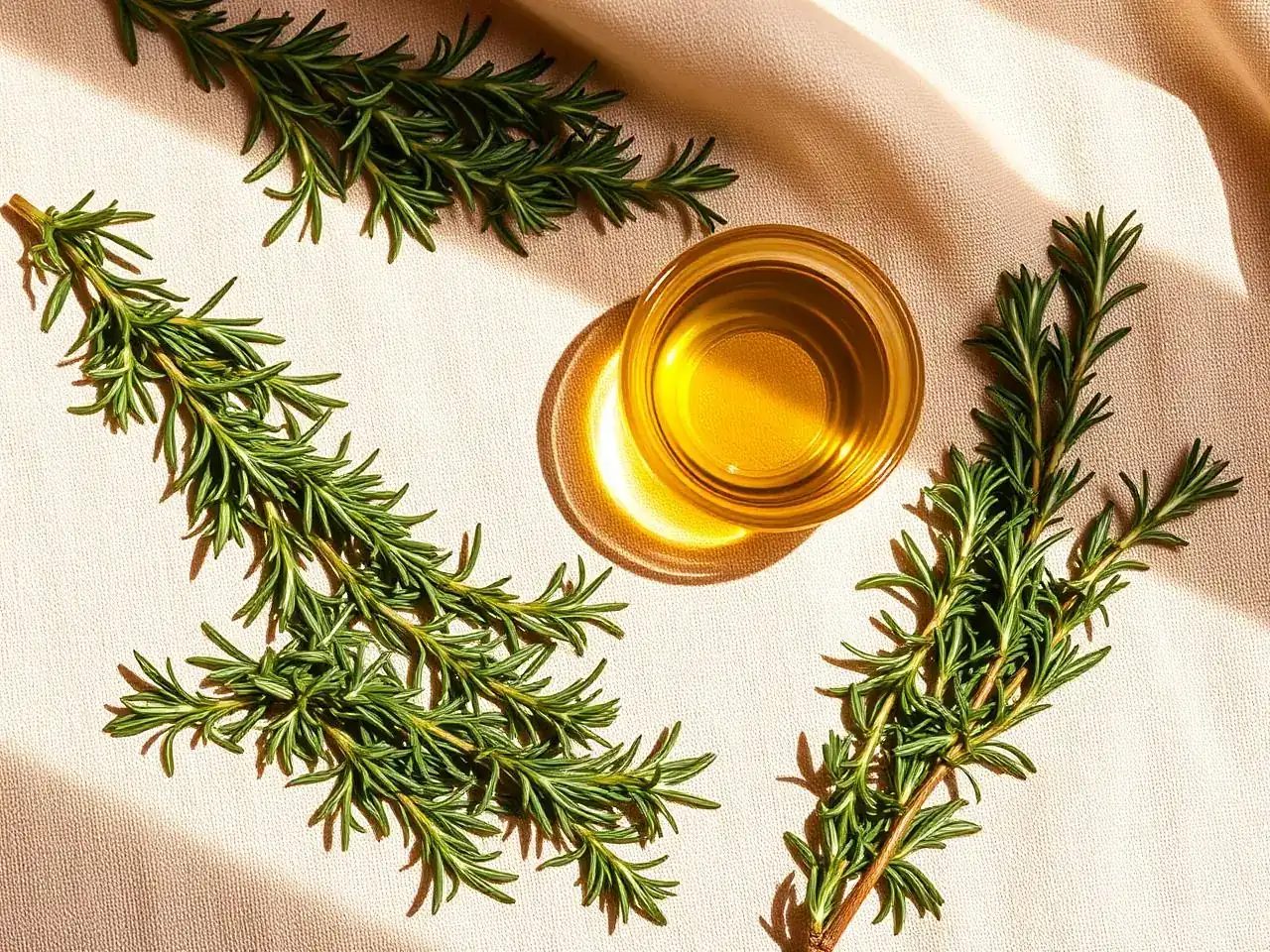 Fresh rosemary sprigs and a bottle of rosemary hair oil on a wooden surface